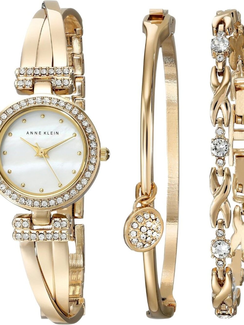 Elegant Women's Crystal Accented Bangle Watch & Bracelet Set in Gold - 2 Piece